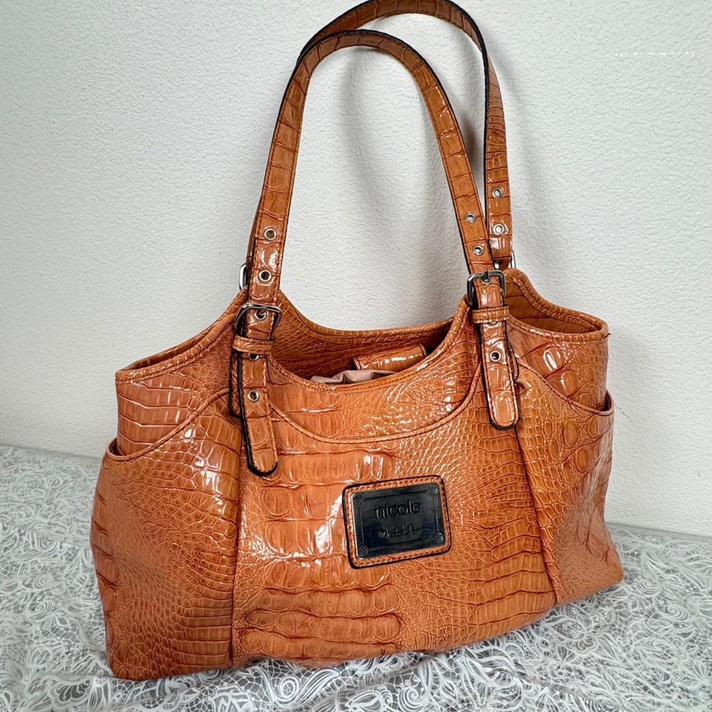 Nicole by Nicole Miller Cognac Orange Faux Croc Embossed Vegan Tote Bag Commute